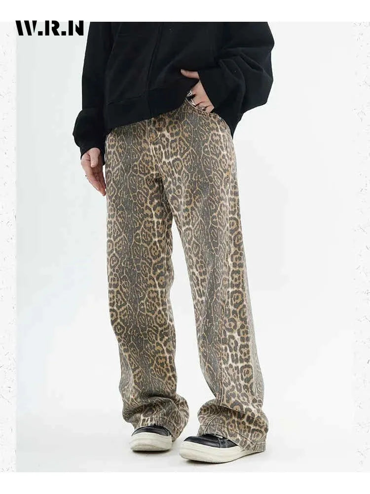 Women's American Vintage Leopard Print Washed Thin Jeans Street Casual Neutral Style DenimTrousers High Waist Straight Pants - Lootquake