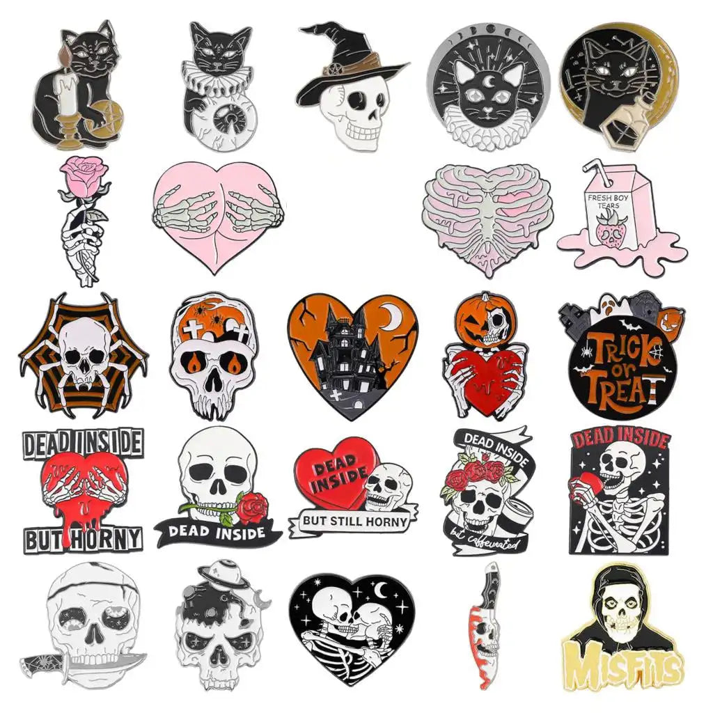 Punk Style Brooch Skull Rose Heart Brooch Halloween Cat Head Compass Wizard Hat Black Cat Alloy Brooches Enamel Badge Lapel Pins - Lootquake