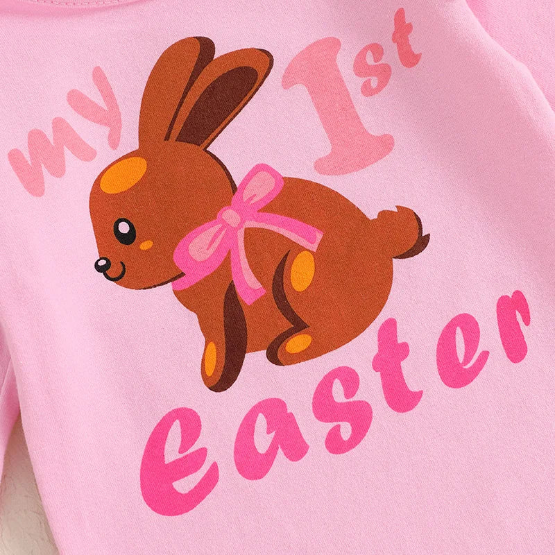 0-18M Infant Baby Girls Easter Outfits Long Sleeve Romper with Bunny Pattern Flare Pants and Headband 3 Pcs Set for Newborn - Lootquake