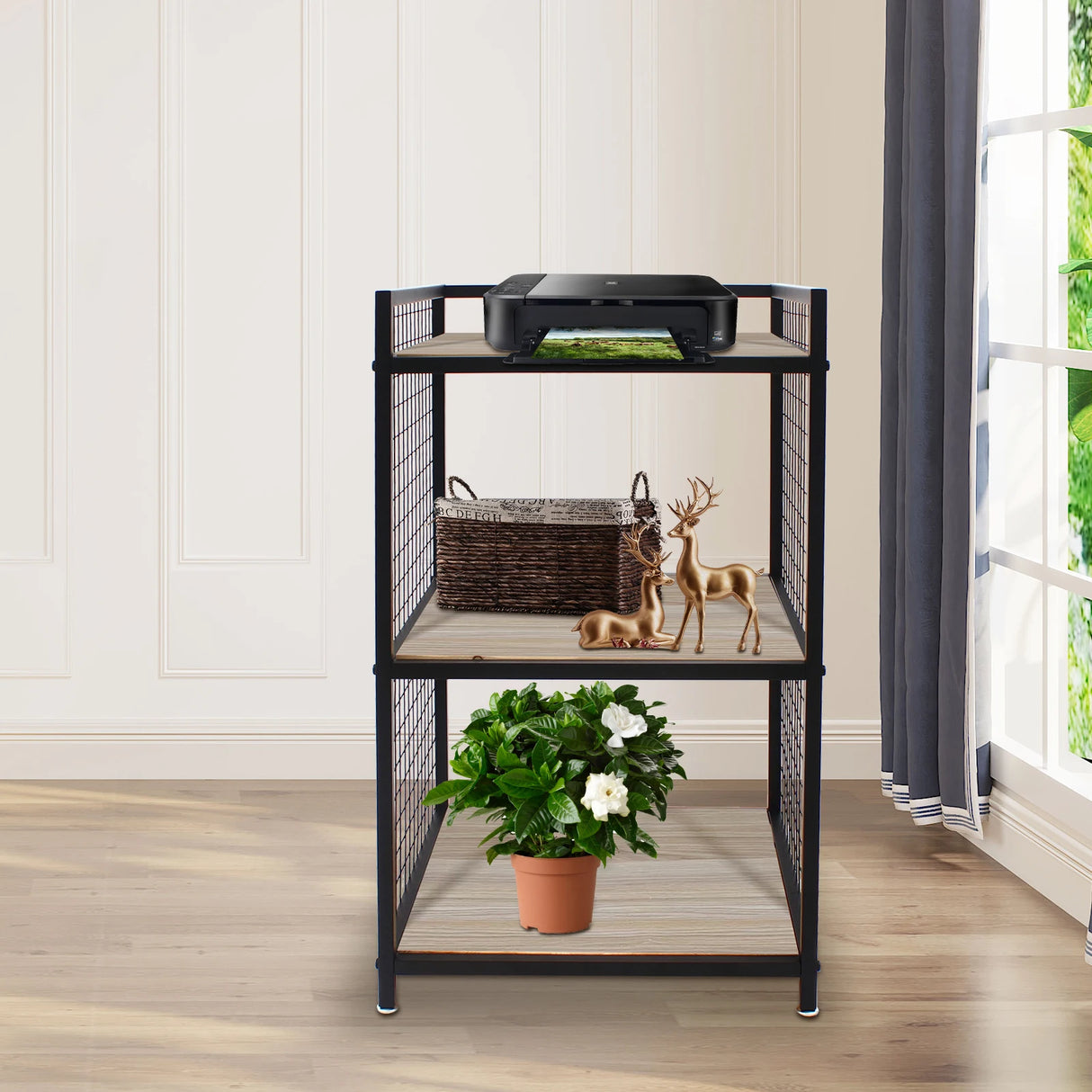 Support d'imprimante à 3 niveaux en bois massif et fer, capacité de 20 kg, design compact, idéal pour le rangement au bureau et à la maison, durable et élégant