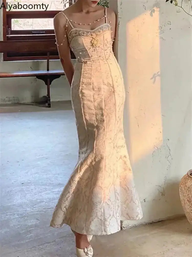 Summer Women Gorgeous Party Mermaid Prom Dress Spaghetti Strap Pearl Beading Ruffles Dress Feminine Backless Trumpet Long Dress - Lootquake