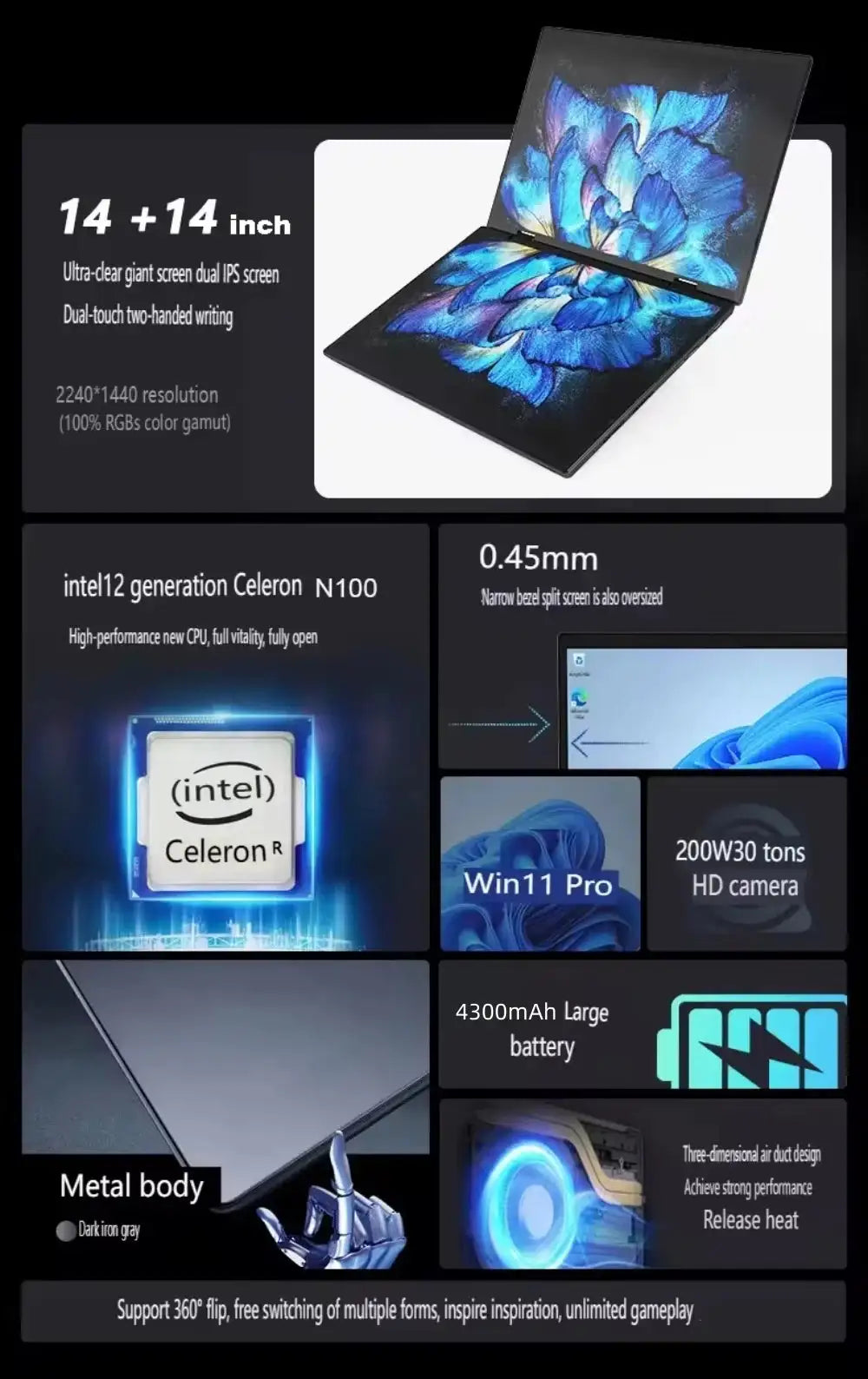 Dual Screen Laptop Intel N100 Processor 14“+14” touch Gaming Laptop DDR4 32GB 1TB 2TB SSD Notebook Computer - Lootquake