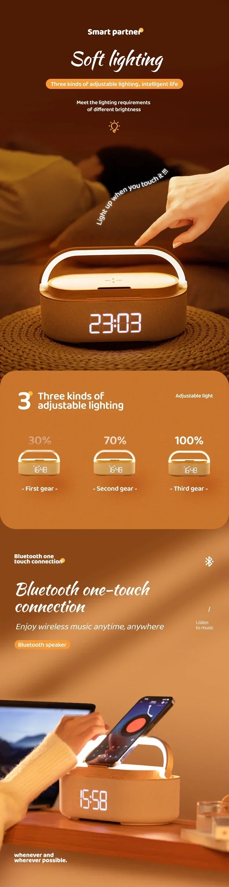 Altavoz Bluetooth, batería de 2500 mAh, compatible con carga inalámbrica de 15 W, reloj digital, pantalla, luz nocturna, despertador, estéreo Bluetooth.