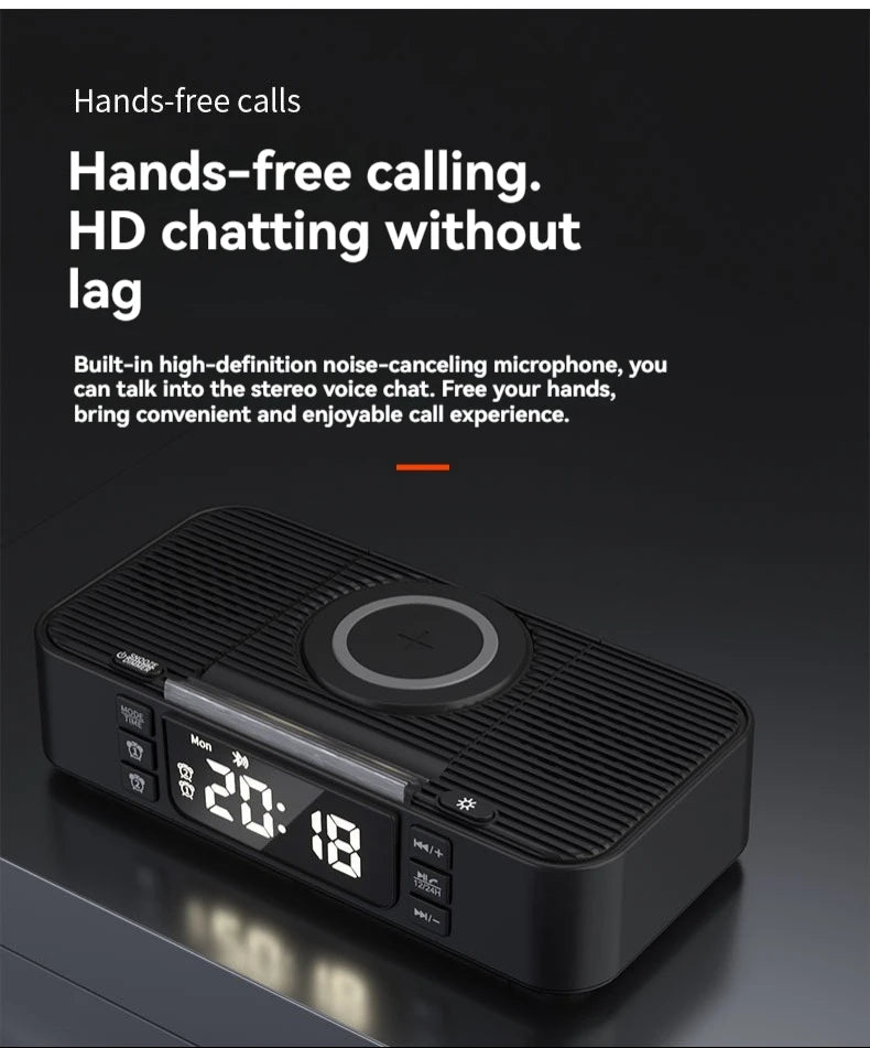 Altavoz Bluetooth portátil con carga inalámbrica, luz ambiental, reloj, función de alarma, altavoz doble, carga USB