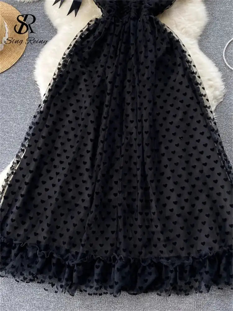 SINGREINY High Quality A Line Mesh Long Dress Spaghetti Strap Sleeveless Sheath Sundress 2023 Women Fashion Dot Print Maxi Dress - Lootquake