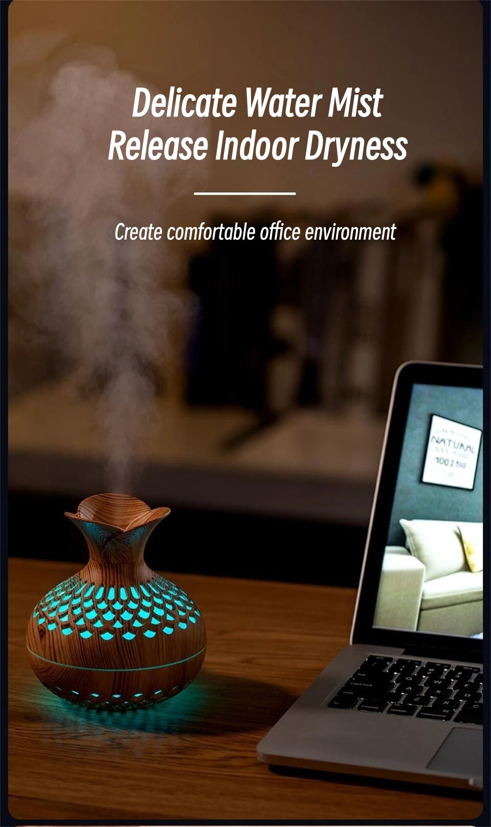 Humidificador USB de grano de madera hueco, difusor de aroma, atomizador, humidificador doméstico, instrumento hidratante, humidificador de escritorio.