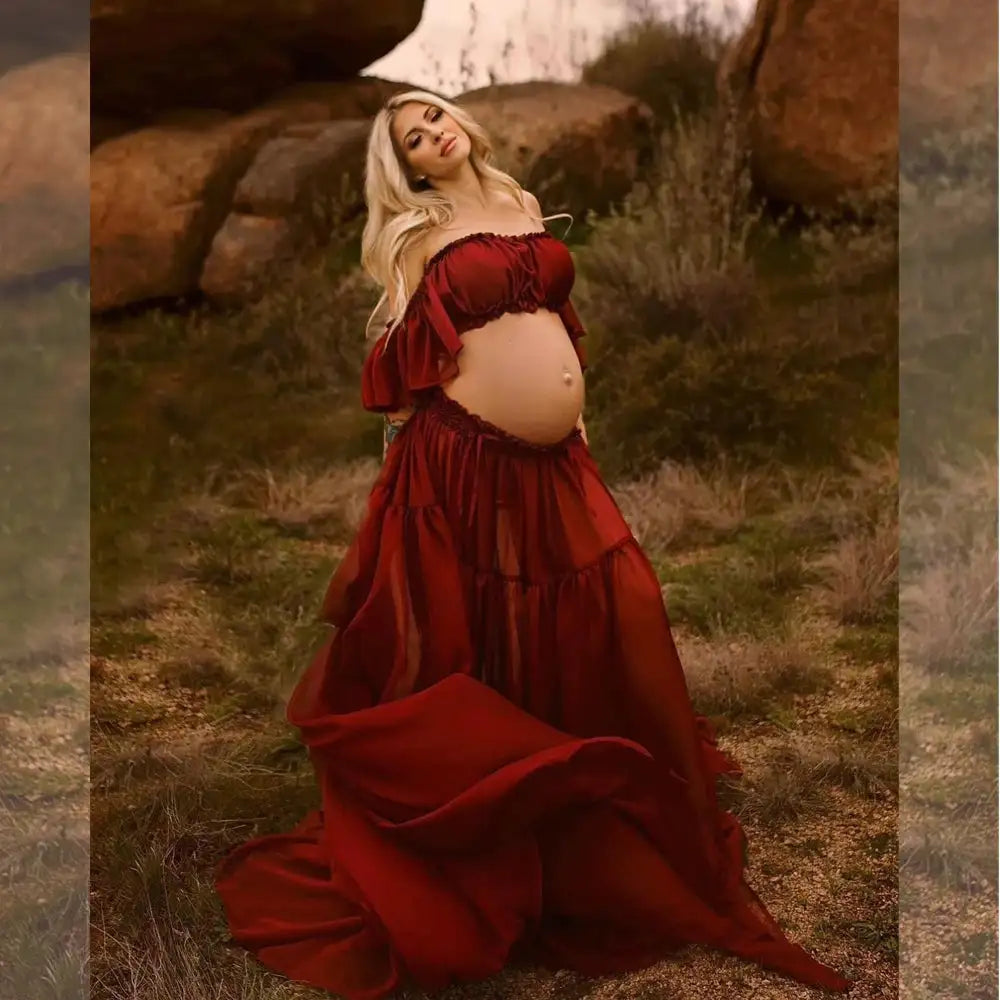 Maternity Dress For Photoshoot Pregnancy Off Shoulder Ruffled Semi Transparent Chiffon Long Dress Photography Dress For Women - Lootquake