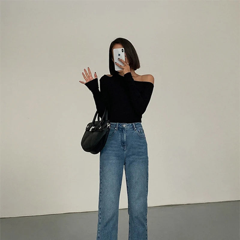 Fashion Skew Collar Off-shoulder Long-sleeved T-shirts Women Spring 2025 New Solid Slim Fit Crop Top Sexy Hollow Out Tees Shirts - Lootquake