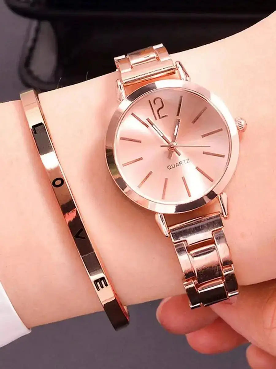 2pcs Set Watch Luxury Women Simple Dial Hollow Strap Fashion Gold Bracelet Quartz Wristwatch Student Ladies Watches Reloj Mujer - Lootquake