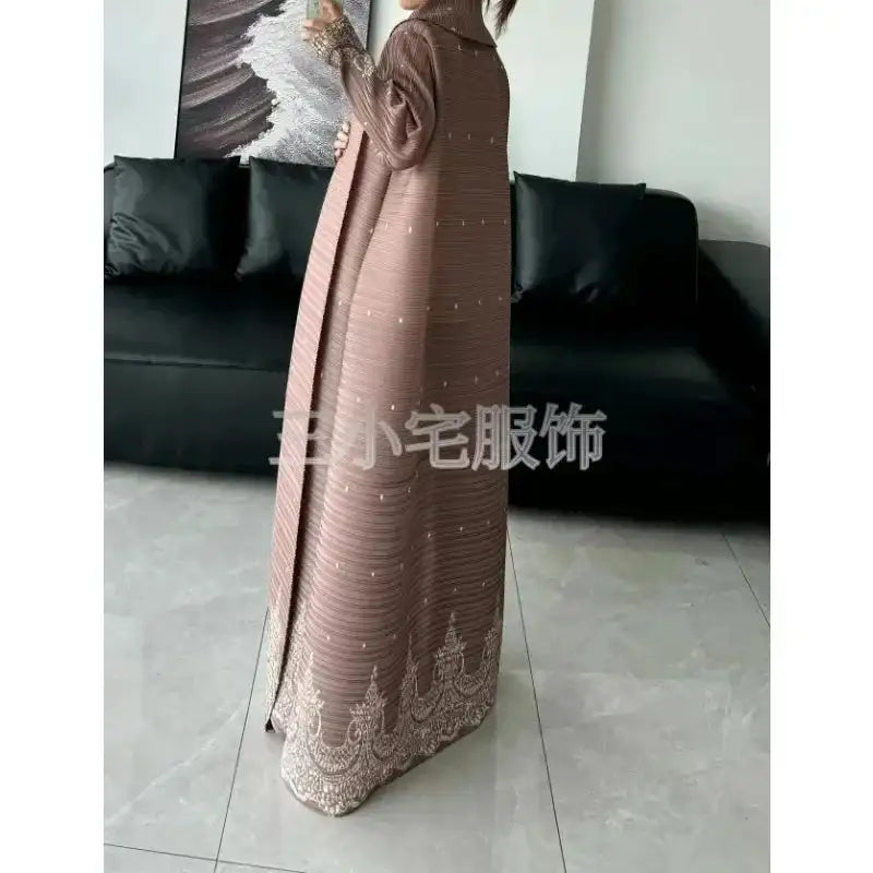 Autumn and Winter New Abaya Fashion Lapel Pleated Long Sleeved Cardigan Windbreaker Jacket Saudi Abayas for Women - Lootquake