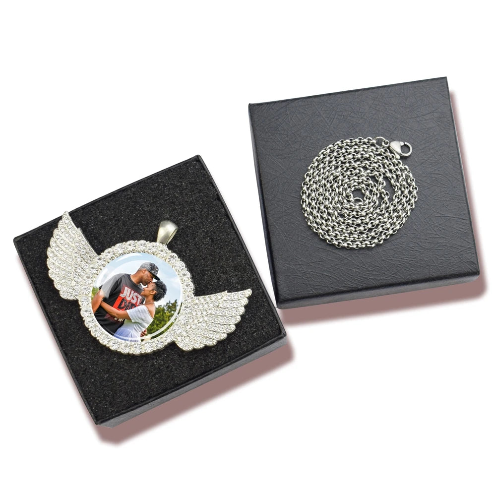 Custom Necklace Personalized Photo Picture Angel Wings Rhinestone Pendant Chains Necklaces Creative Fashion Hip Hop Jewelry Gift - Lootquake