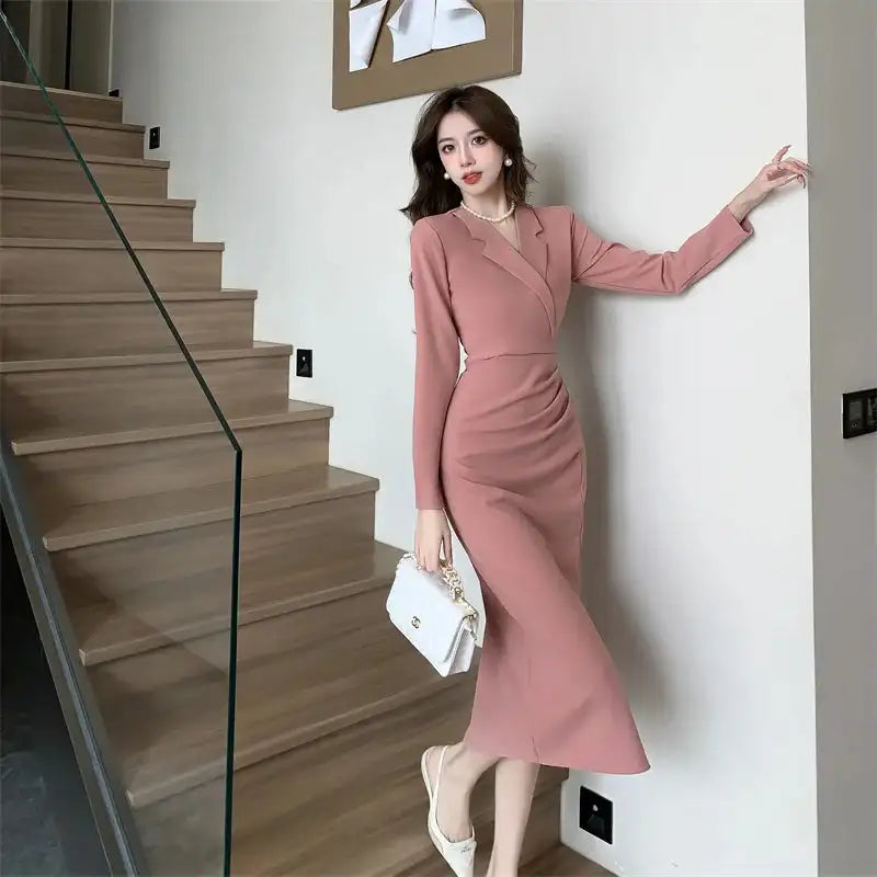 Women Pink Pleated Bodycon Formal Long Dress Autumn Winter Long Sleeve Chic Suit Dress 2025 Korean Fashion Elegant Party Dresses - Lootquake