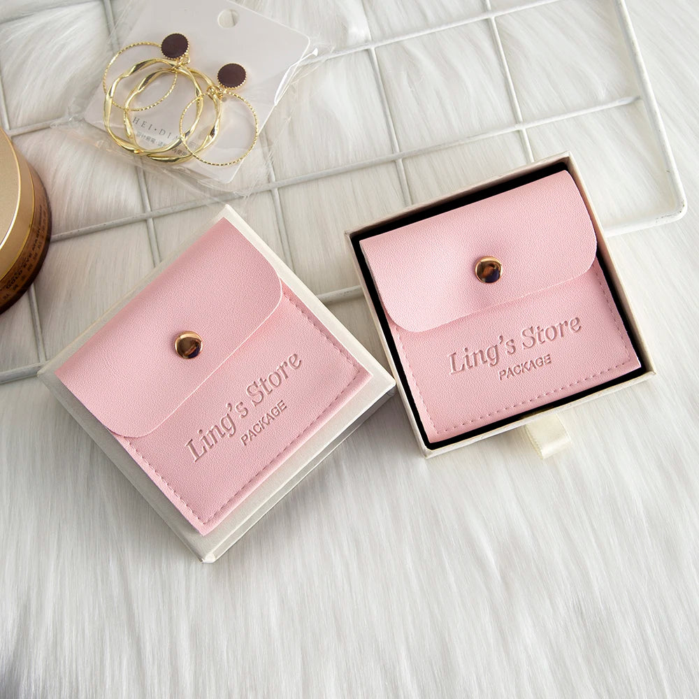 50/100Pcs Custom Logo 8x8cm PU Leather Jewelry Snap Bag Gold Button Pouches Ring Earring Necklace Wedding Favors Gift Organizer - Lootquake