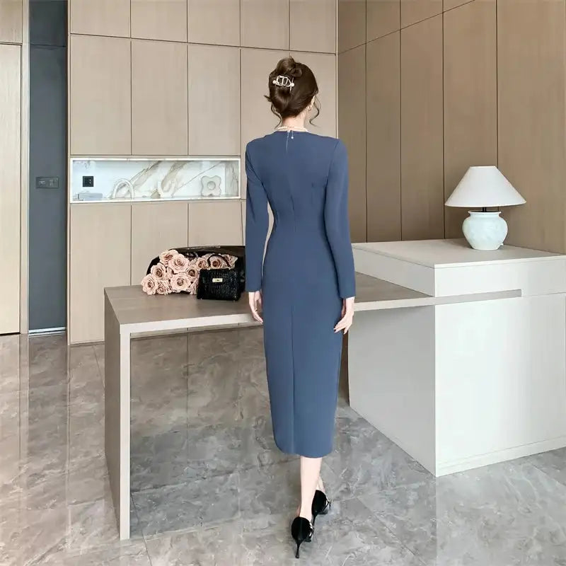 Women Pink Pleated Bodycon Formal Long Dress Autumn Winter Long Sleeve Chic Suit Dress 2025 Korean Fashion Elegant Party Dresses - Lootquake
