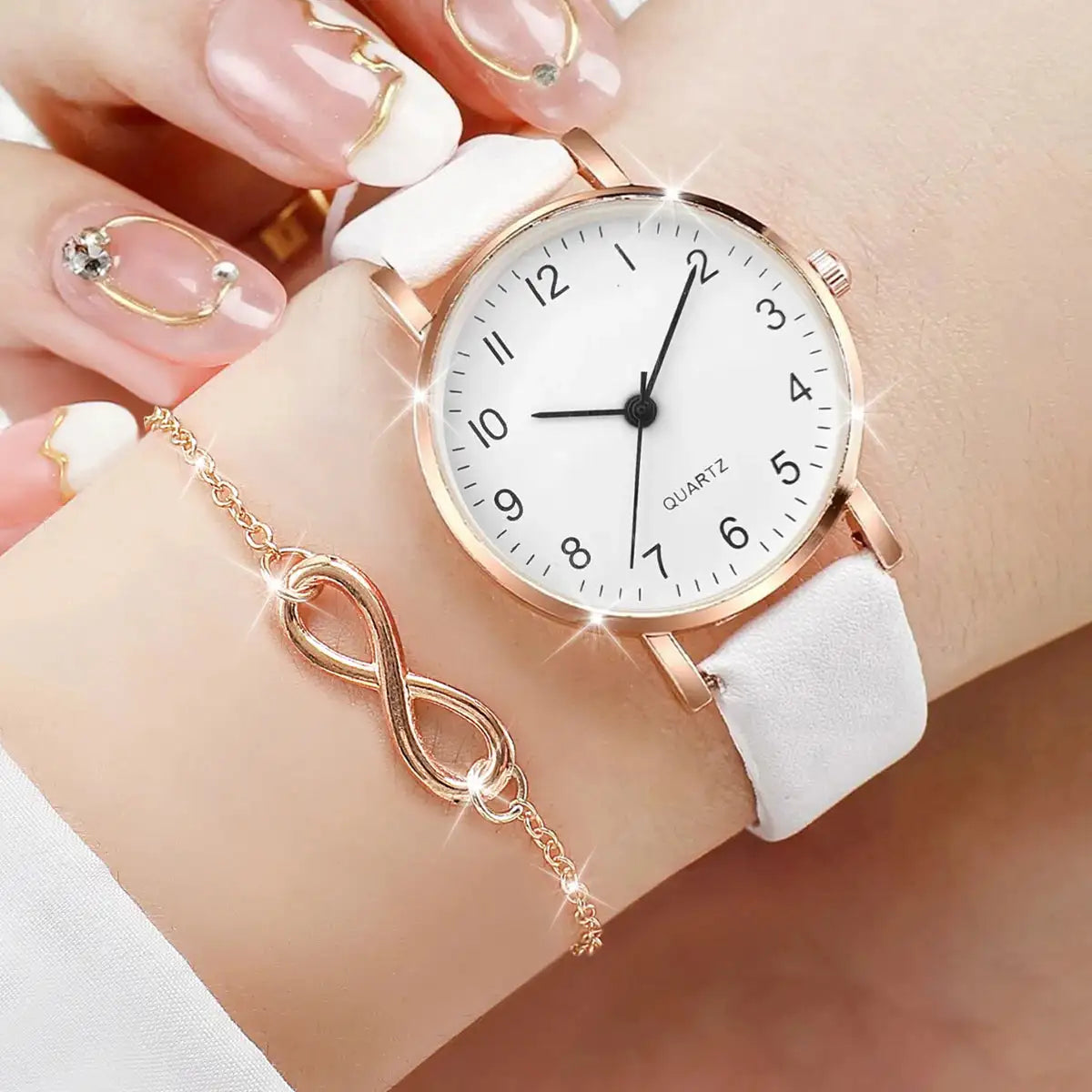 3pcs/set Women Leather Simple Quartz Watch with Number 8 Bracelet Necklace Set - Lootquake