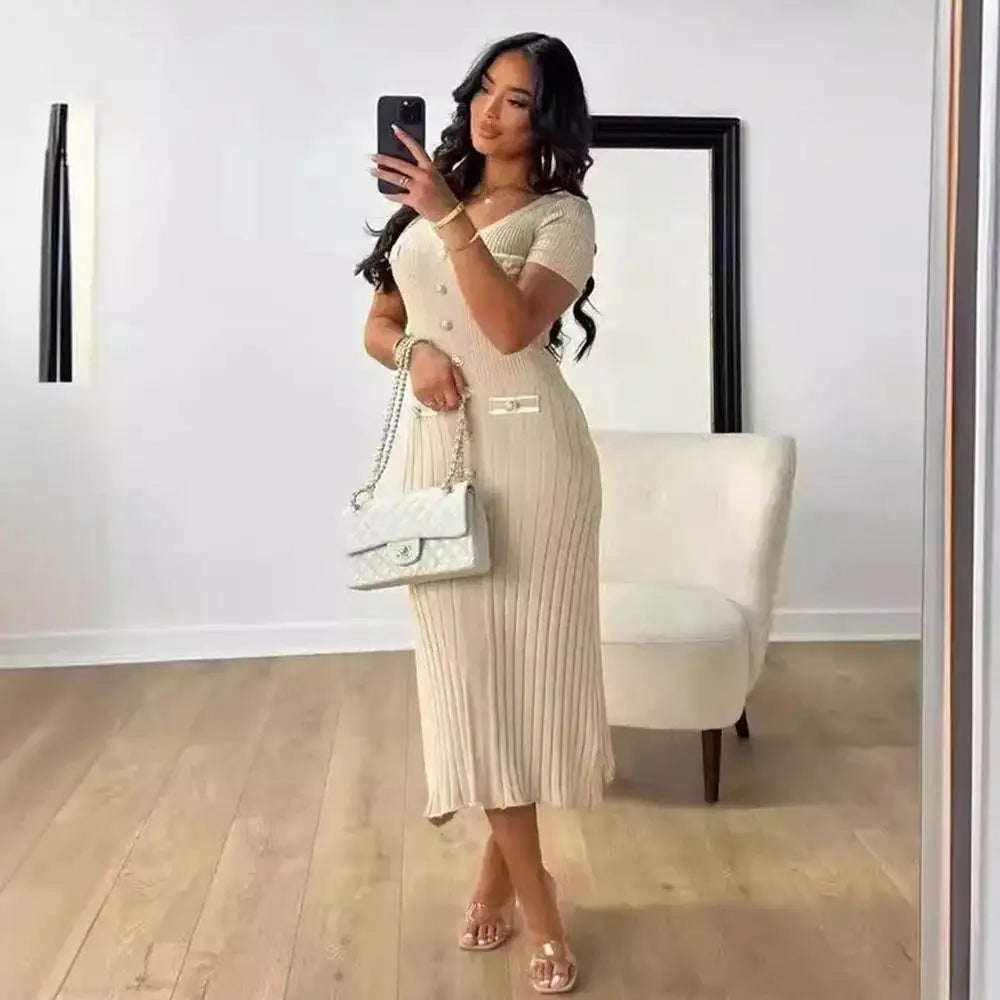 Office Lady Elegant Knitted Long Dress Summer Short Sleelve V Neck Single Breasted Bodycon Dresses Women Party Fashion Vestidos - Lootquake