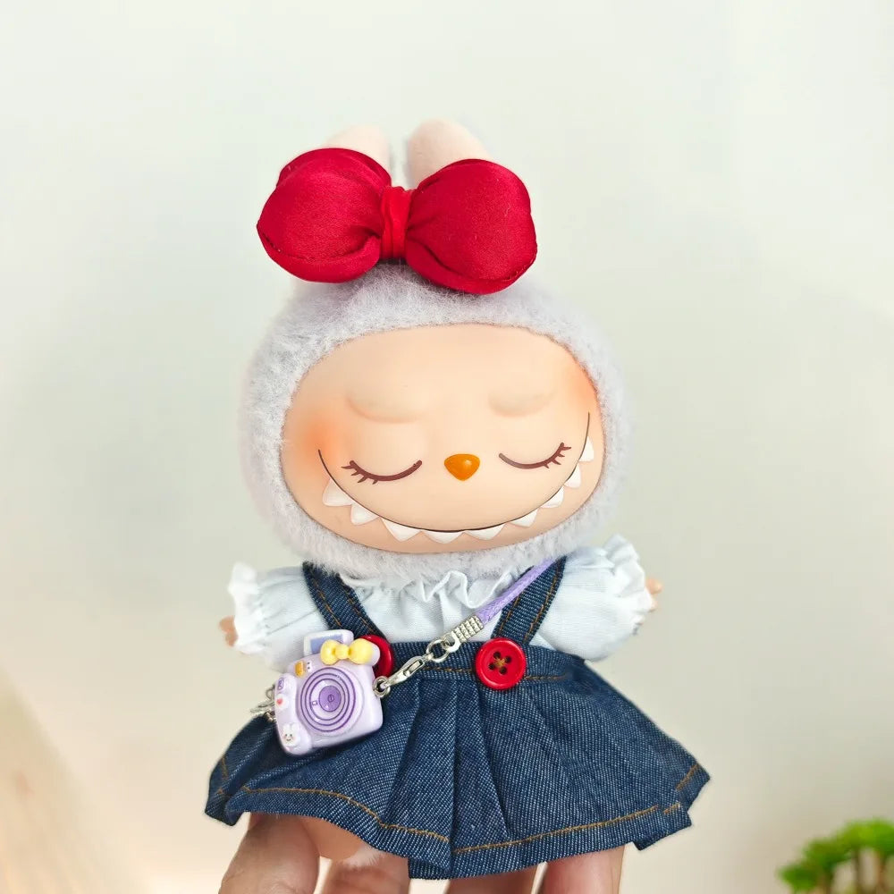 Labubu Doll Clothes & Accessories Denim Skirt With Red Bow Headband Set Trendy Outfits for Labubu Collectibles - Lootquake
