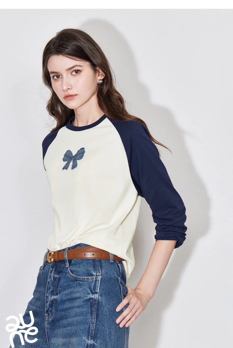 TOYOUTH Women T-shirt 2024 Autumn New Denim Bow Contrasting Color Raglan Sleeve Pullover Casual Tops - Lootquake