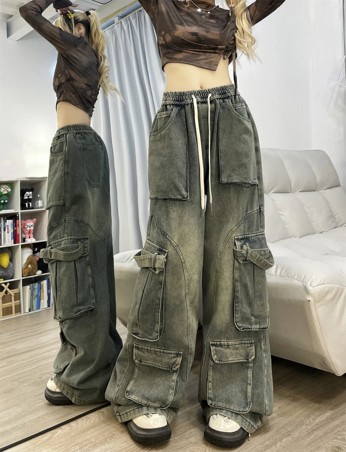 Autumn Winter New Ladies Cargo Jeans American Street Style Baggy Cargo Pants Women Blue Multi-pocket Wide Leg Jeans for Women - Lootquake