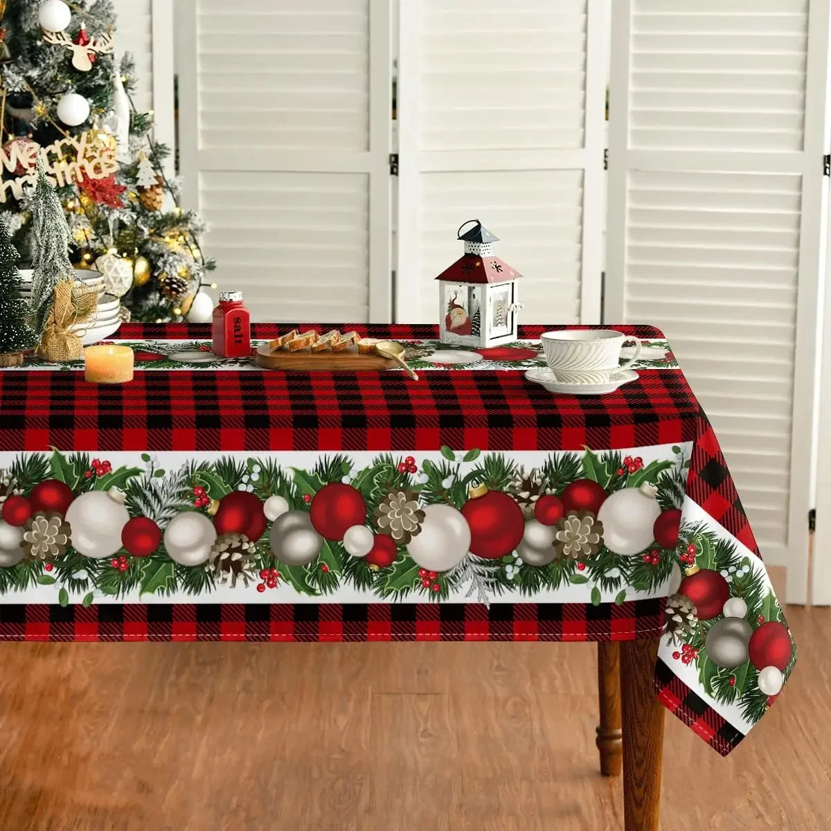 Adornos navideños de bolas con diseño de búfalo rojo, mantel rectangular a cuadros, decoración para comedor, mantel reutilizable, decoración para fiestas navideñas