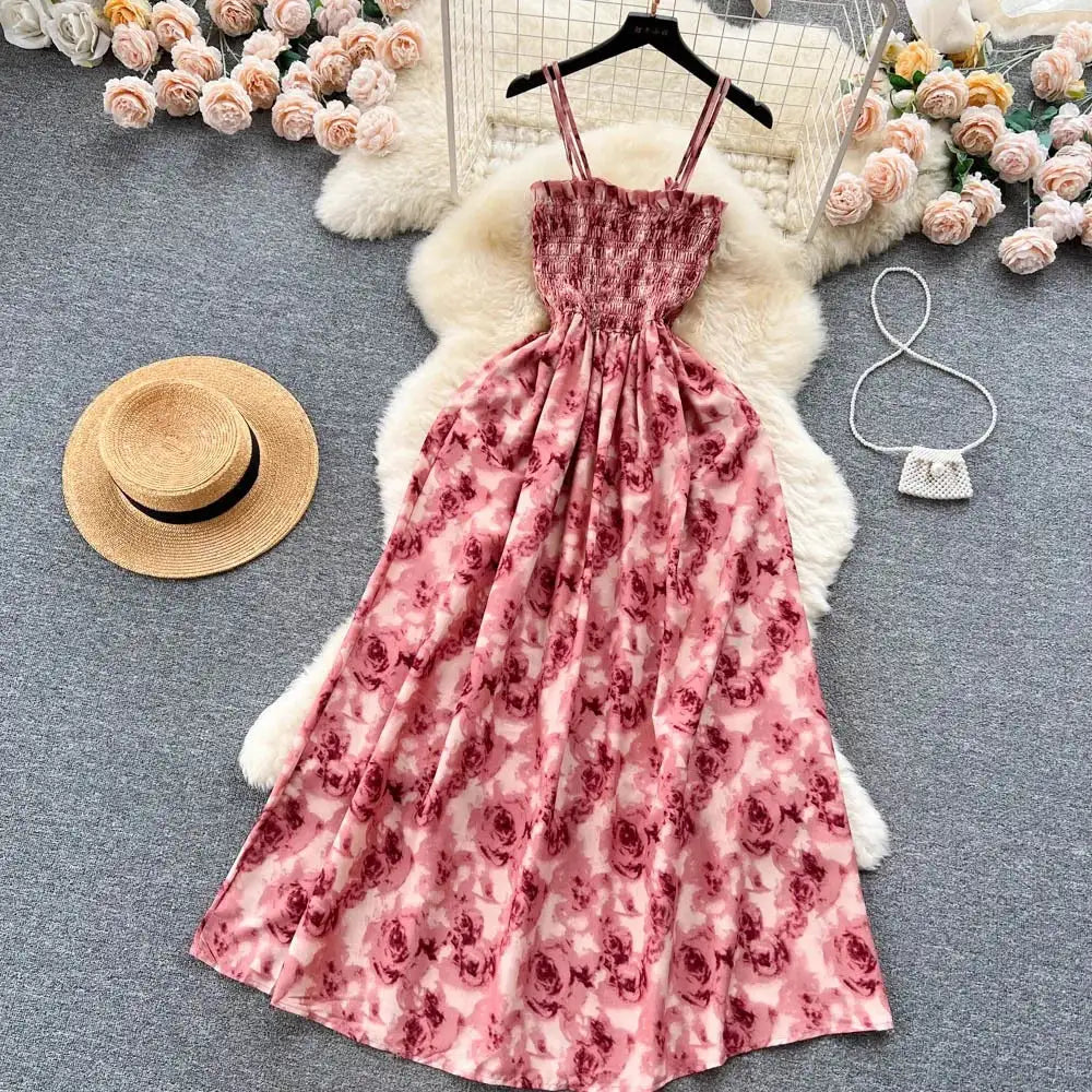 YuooMuoo Korean Fashion Rose Flower Print Romantic Retro Party Dress Summer Elastic High Waist Vacation Long Dress Beach Vestido - Lootquake