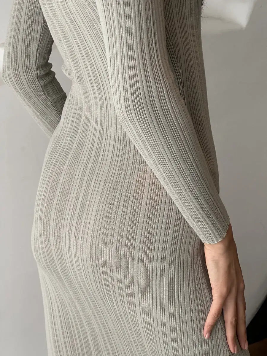 Autumn Winter Solid Color Bodycon Knit Dress Women Long Sleeve Crew Neck Ribbed Dress Slim Fit Long Dress - Lootquake