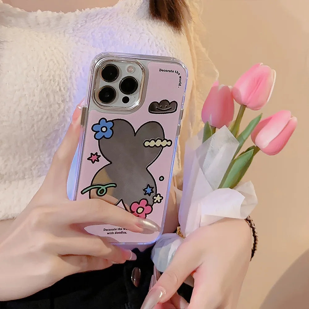 Estuche para iPhone con espejo de maquillaje y cadena, con diseño de flores, galvanizado