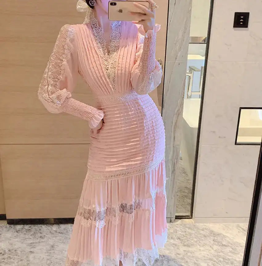 JSXDHK Fashion Runway Women Pleated Party Dress Spring Sexy V Neck Lantern Sleeve Chiffon Patchwork Lace Bodycon Slim Long Dress - Lootquake