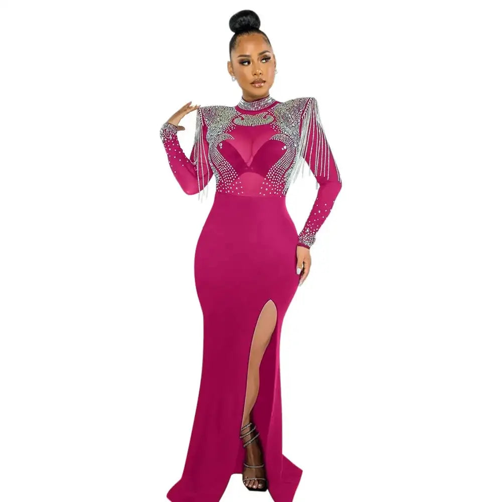 CM.YAYA Women Mesh See Through Long Sleeve Diamonds Hot Rhinestones Mermaid Long Dress Fall Evening Sexy Party Dresses Vestidos - Lootquake