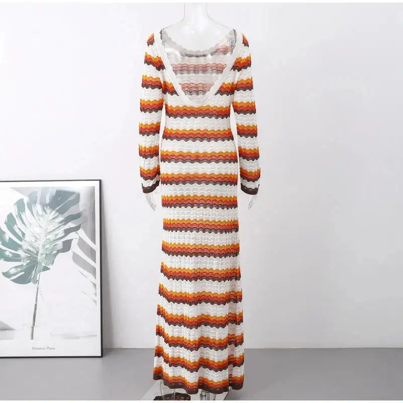 Striped Knitted Long Dress Women O-neck Backless Hollowed Out Long Sleeves Lady Bodycon Dress 2024 Spring Summer Vacation Robe - Lootquake