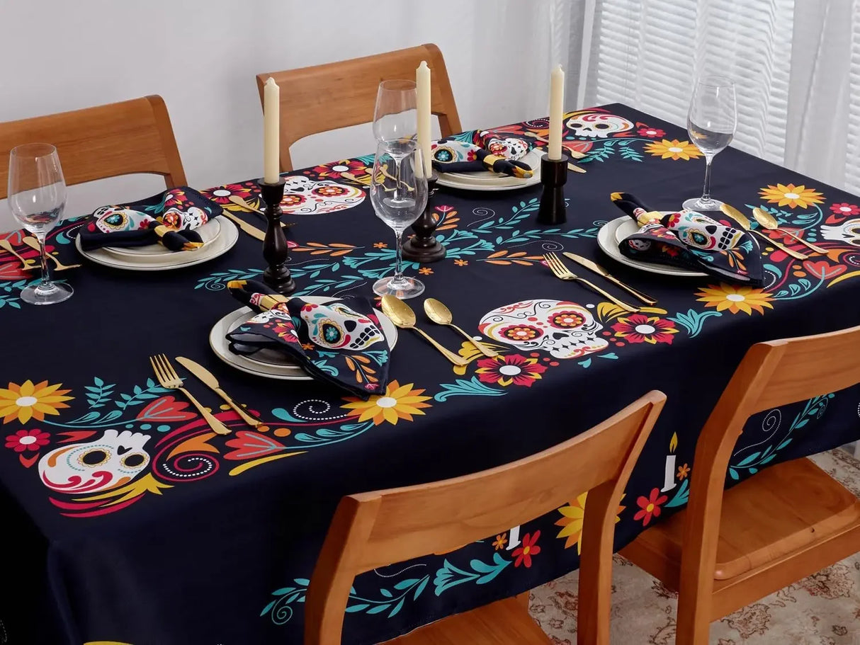 Mexican Sugar Skull Day of The Dead Waterproof Tablecloth Fiesta Decor Dia De Los Muertos Tablecloth Halloween Decorations