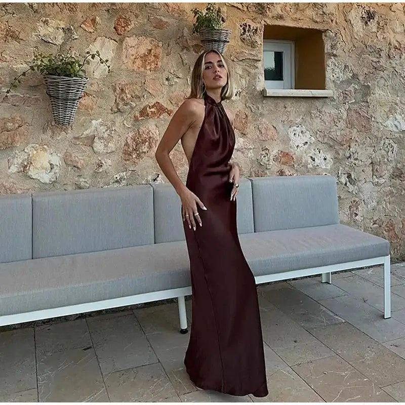 Off Shoulder Satin Halter Long Dress Woman Sexy Hanging Neck Female Pleated Dresses Summer Backless Midi Evening Party 2024 New - Lootquake