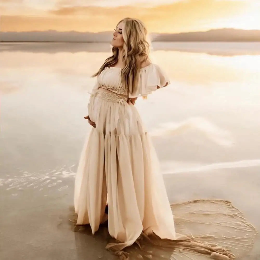 Maternity Dress For Photoshoot Pregnancy Off Shoulder Ruffled Semi Transparent Chiffon Long Dress Photography Dress For Women - Lootquake