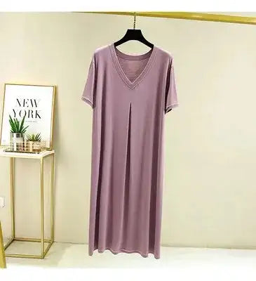 Modal Cotton Short Sleeved Nightdress for Women's Summer Casual Home Sleepwear V-neck Pleated Oversized Loose Hem Mid-Long Dress - Lootquake