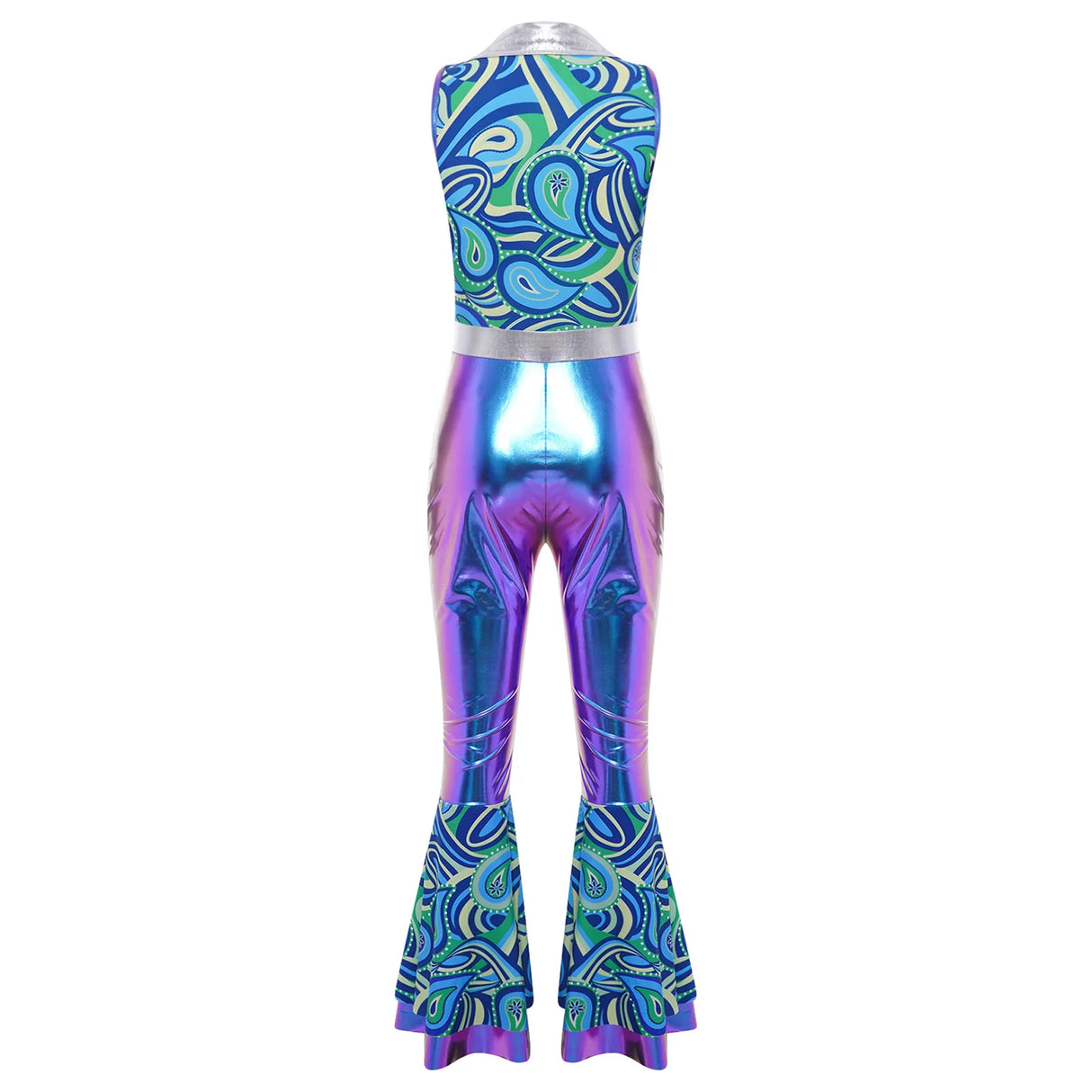 Womens Halloween Retro Hippie Cosplay Costume Party Hip-hop Dance Costume Metallic Shiny Vintage Carnival Bodysuit Jumpsuit