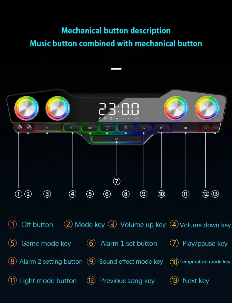Barre de son sans fil Bluetooth pour jeux vidéo, USB, stéréo 3D, caisson de basses, FM, horloge, barre de son intérieure, haut-parleur pour ordinateur, offre spéciale