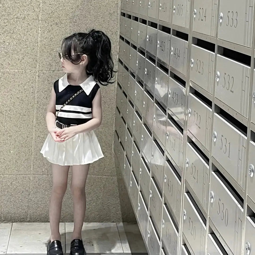 Baby Girls Knitted Polo Shirt Summer Set Latest Children's Western style Tank Top Fashionable Pleated Skirt Two Piece Set - Lootquake