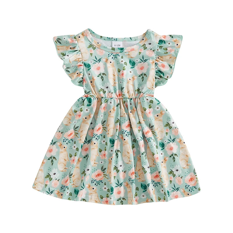 Baby Girl Easter Outfit Pink Floral Print Ruffle Sleeve Round Neck A-Line Dress for Spring and Summer Celebrations - Lootquake