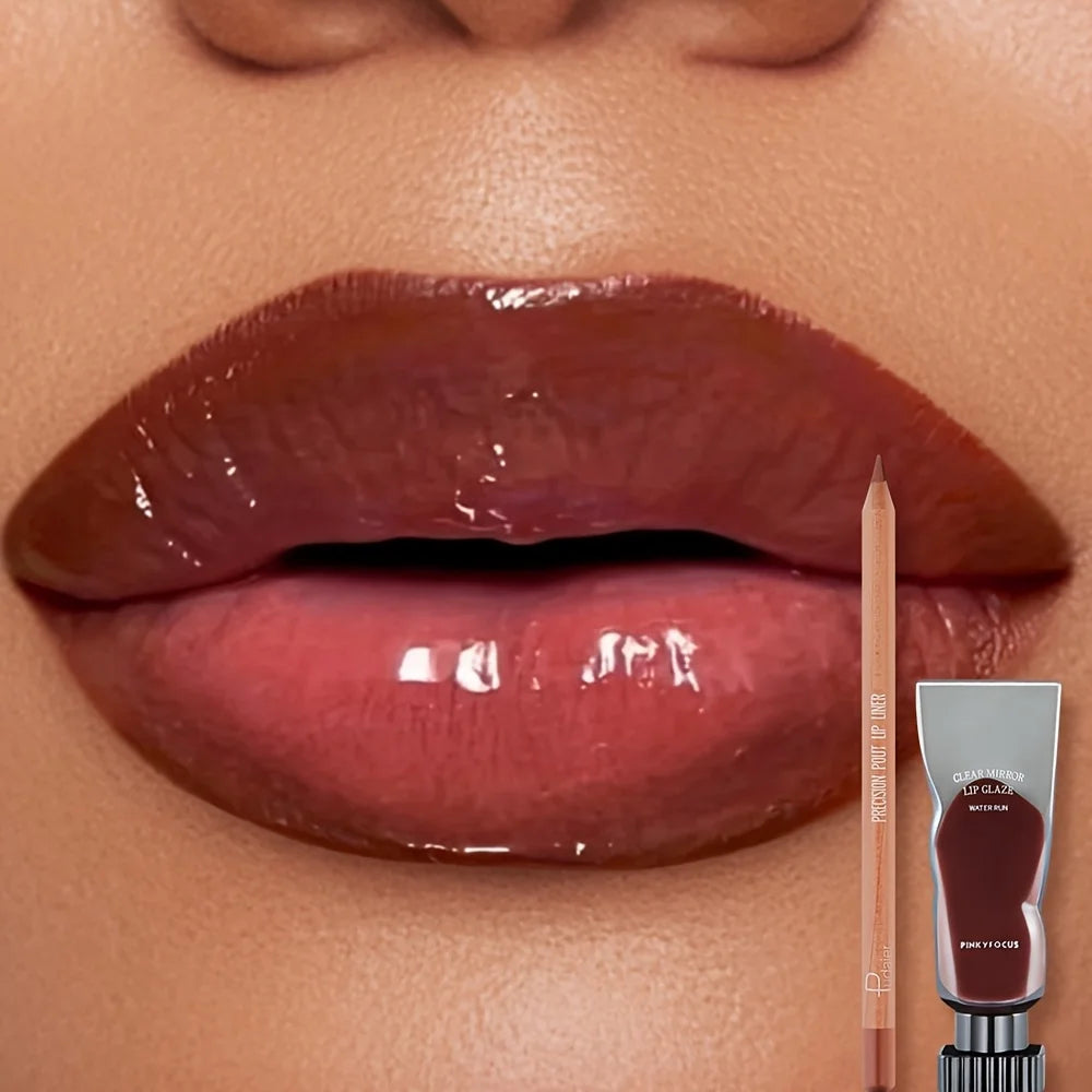 Juego de 2 brillos labiales hidratantes y humectantes y delineador de labios resistente al agua: lápiz labial de alto color, textura brillante