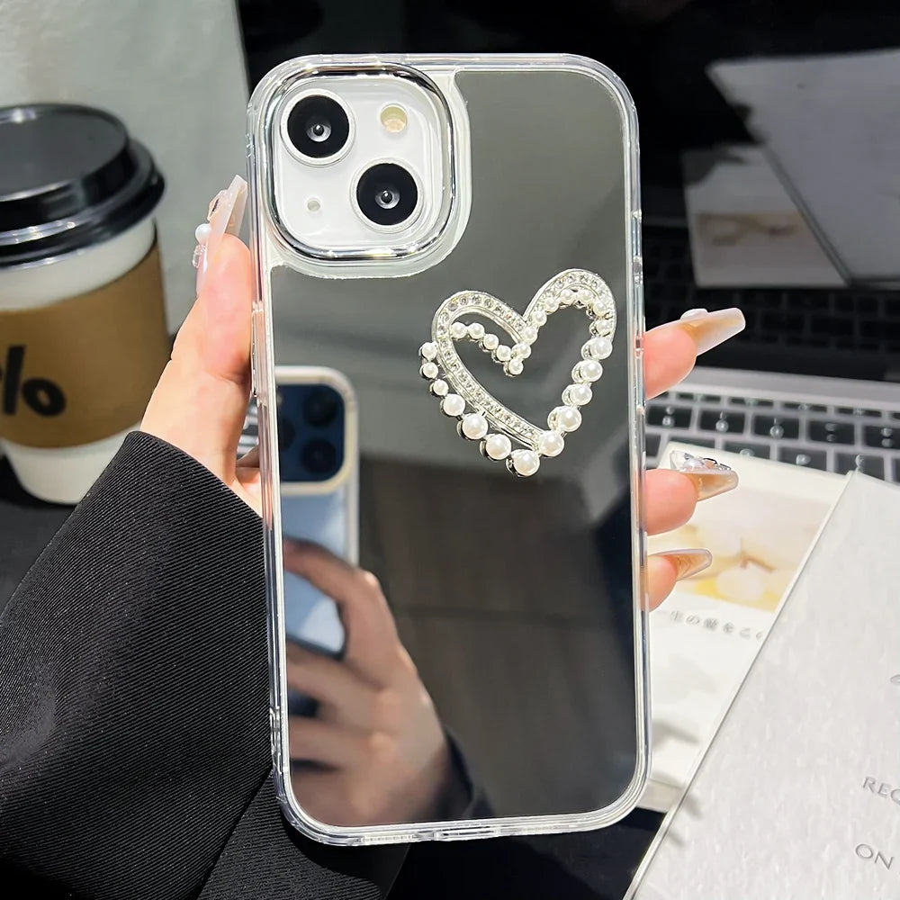 Funda para teléfono con espejo y corazón de amor 3D