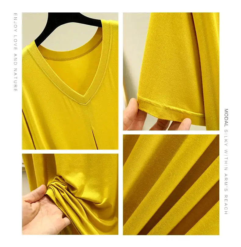 Modal Cotton Short Sleeved Nightdress for Women's Summer Casual Home Sleepwear V-neck Pleated Oversized Loose Hem Mid-Long Dress - Lootquake