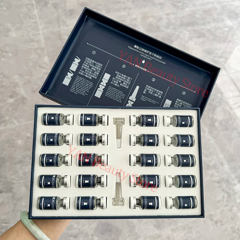 Set de oligopéptidos antiarrugas en polvo liofilizado, suero nutritivo, reparador de colágeno y reafirmante con ácido hialurónico para el cuidado de la piel.