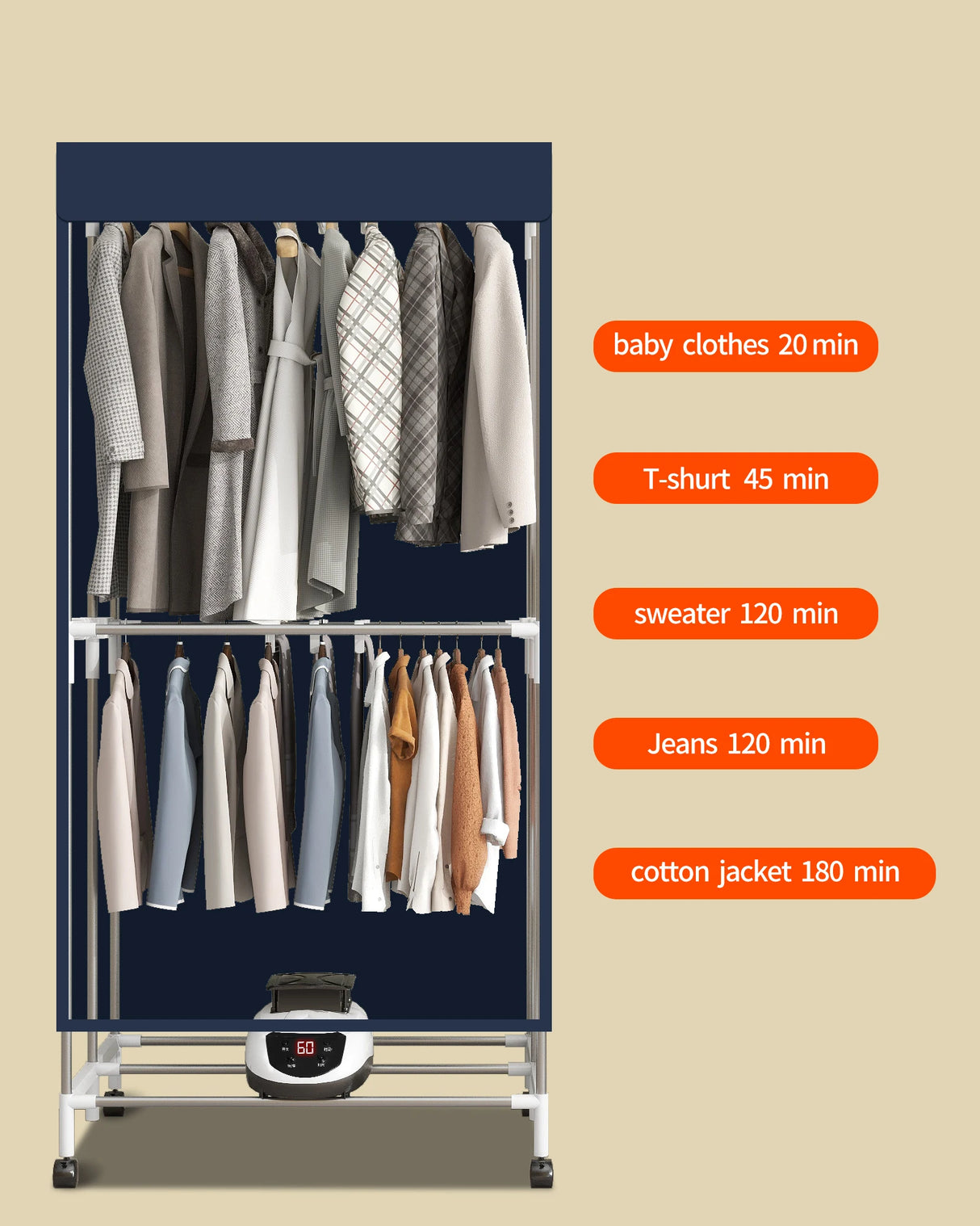 Séchoir à linge électrique portable, étendoir chauffant 220 V-1500 W, avec minuterie, sèche-linge électrique