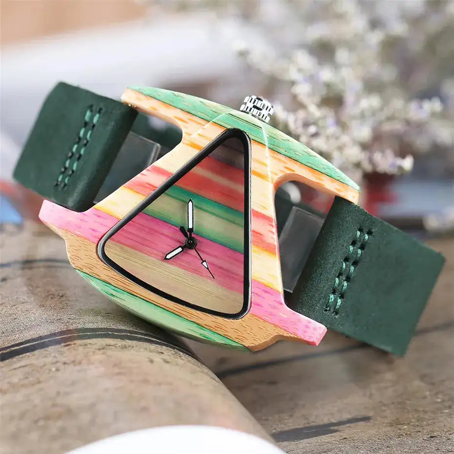 Unique Triangle Women's Wood Watch Creative Colorful Lady Green/ Red Genuine Leather Wristwatch Elegant Womens Watches Top Gifts - Lootquake