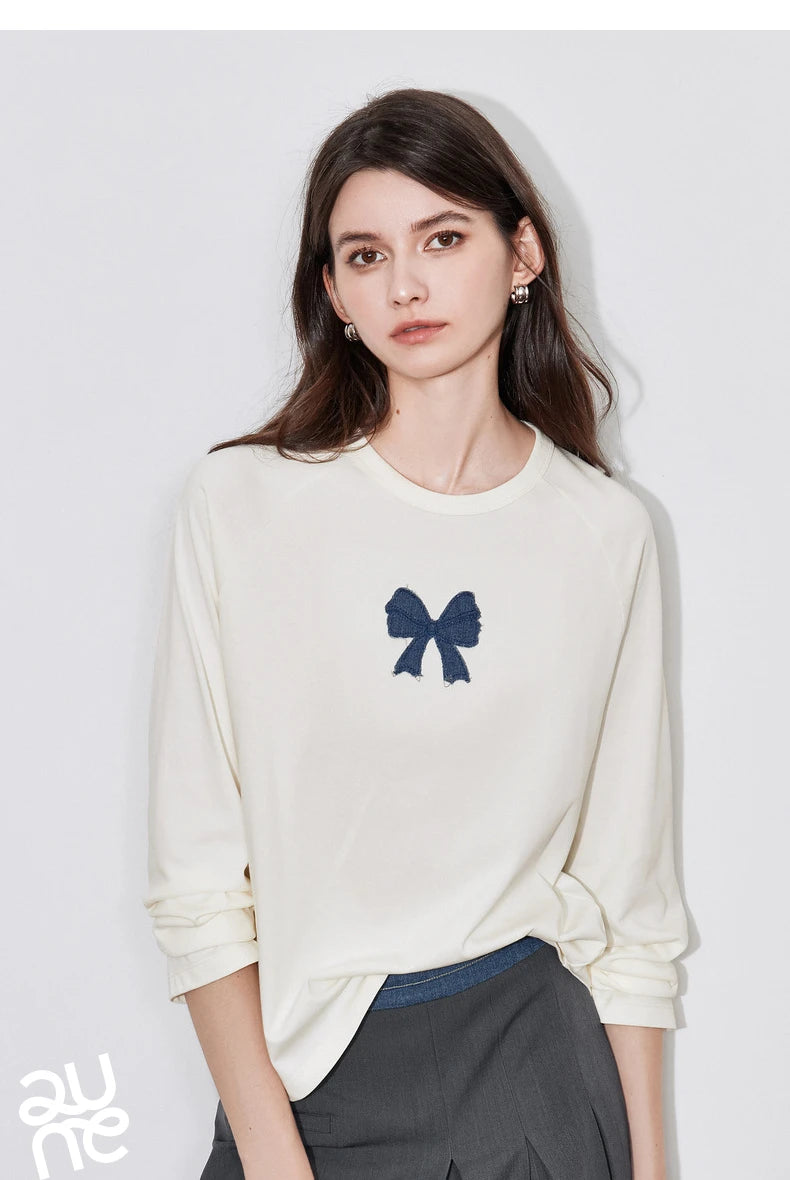 TOYOUTH Women T-shirt 2024 Autumn New Denim Bow Contrasting Color Raglan Sleeve Pullover Casual Tops - Lootquake