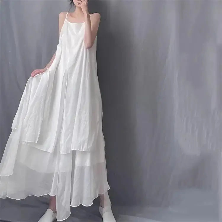 2024 Cotton Linen Women's Summer New Dress Artistic Range Medium Long Dress Sleeveless Tank Irregular Large Flounce - Lootquake