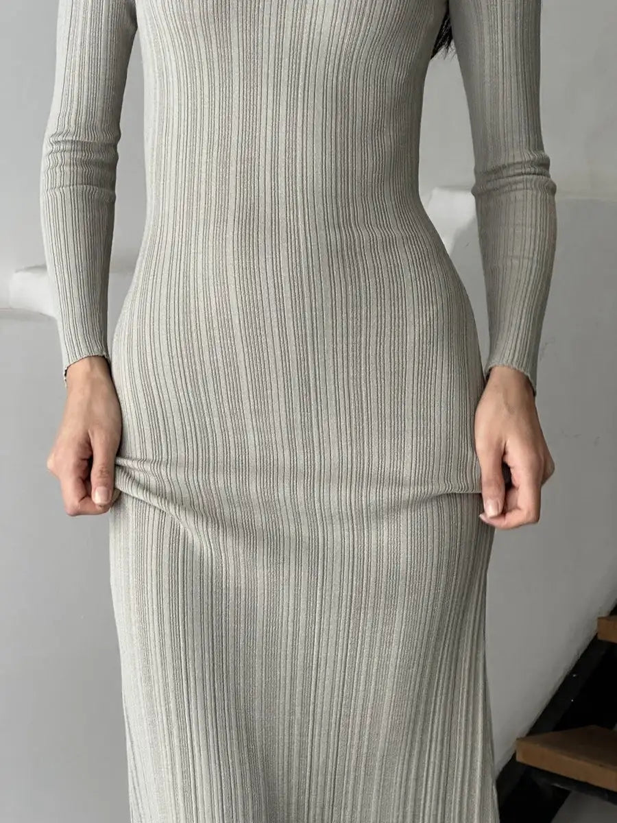 Autumn Winter Solid Color Bodycon Knit Dress Women Long Sleeve Crew Neck Ribbed Dress Slim Fit Long Dress - Lootquake