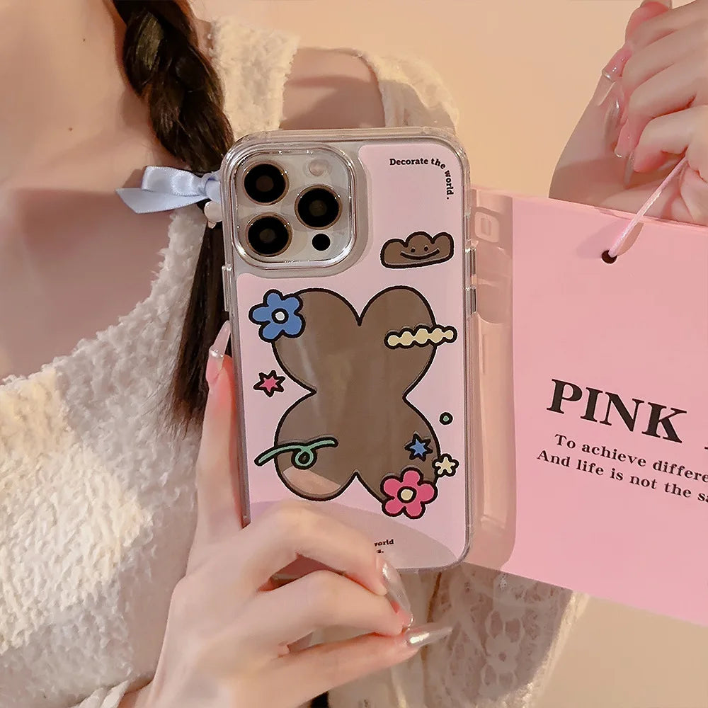 Estuche para iPhone con espejo de maquillaje y cadena, con diseño de flores, galvanizado