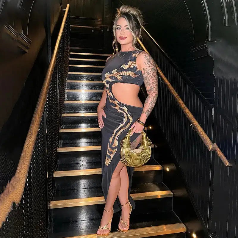 Tossy Python Printed Hollow Out Maxi Dress Female Slim Sexy Side Split Sleeveless Contrast Summer Party Dress Women's Long Dress - Lootquake