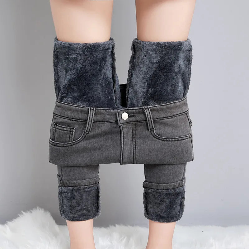 Women Thermal Jeans Winter Snow Warm Plush Stretch Jeans Lady Skinny Thicken Fleece Denim Long Pants Retro Blue Pencil Trousers - Lootquake